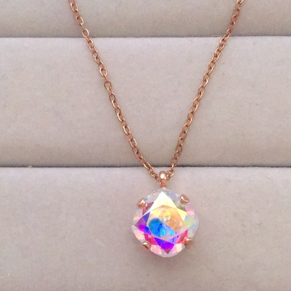 Aurora Borealis + Rose Gold Cushion Cut Crystal Drop Pendant Necklace - Picture 3 of 10